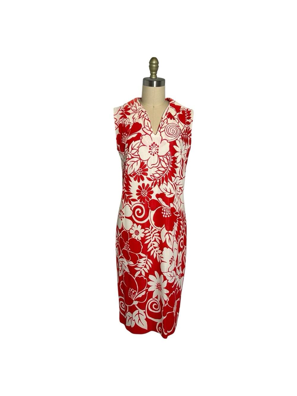 Vintage 1960s Hawaiian Mod Floral Shift Dress Red White Sleeveless M